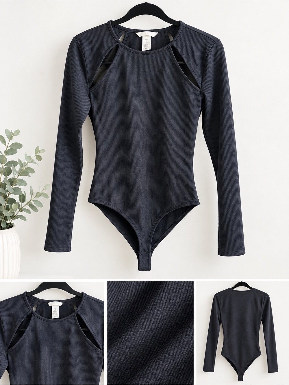 HM Black Ribbed Long-Sleeve One-Piece Bodysuit